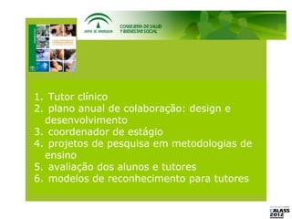 1. Tutor clínico
2. plano anual de colaboração: design e
  desenvolvimento
3. coordenador de estágio
4. projetos de pesquisa em metodologias de
  ensino
5. avaliação dos alunos e tutores
6. modelos de reconhecimento para tutores
 