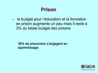 Prison le budget pour l’éducation et la formation  en prison augmente un peumaisilreste a 3% du totale budget des prisons38% de prisonnierss’engagent en apprentissage