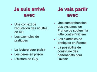 Je suisarrivé avecJe vaispartir avecUne comprehension des systemes en France de soutenir la luttecontrel’illitrismLes examples de pratiques en FranceLa possibilite de construire des partenariats pour l’avenirUne context de l’éducation des adultes en RULes exemples de pratiquesLa lecture pour plaisirLes pères en prison L’histore de Guy