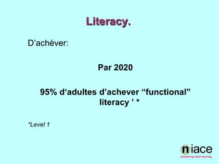 Literacy.D’achèver:Par 2020 95% d‘adultesd’achever “functional” literacy ’ **Level 1