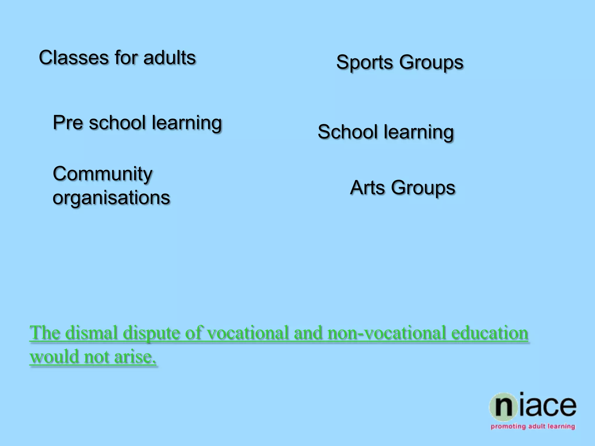 Classes for adults                  Sports Groups


  Pre school learning              School learning

  Community
  organisations                        Arts Groups




The dismal dispute of vocational and non-vocational education
would not arise.
 