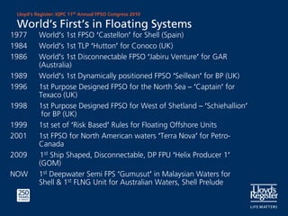 Lloyd’s Register: IQPC 11th Annual FPSO Congress 2010

 World’s First’s in Floating Systems
1977      World’s 1st FPSO ‘Castellon’ for Shell (Spain)
1984      World’s 1st TLP ‘Hutton’ for Conoco (UK)
1986      World’s 1st Disconnectable FPSO ‘Jabiru Venture’ for GAR
          (Australia)
1989      World’s 1st Dynamically positioned FPSO ‘Seillean’ for BP (UK)
1996      1st Purpose Designed FPSO for the North Sea – ‘Captain’ for
          Texaco (UK)
1998      1st Purpose Designed FPSO for West of Shetland – ‘Schiehallion’
           for BP (UK)
1999      1st set of ‘Risk Based’ Rules for Floating Offshore Units
2001      1st FPSO for North American waters ‘Terra Nova’ for Petro-
          Canada
2009      1st Ship Shaped, Disconnectable, DP FPU ‘Helix Producer 1’
          (GOM)
NOW       1st Deepwater Semi FPS ‘Gumusut’ in Malaysian Waters for
          Shell & 1st FLNG Unit for Australian Waters, Shell Prelude
 