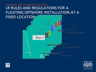 Lloyd’s Register: IQPC 11th Annual FPSO Congress 2010

LR RULES AND REGULATIONS FOR A
FLOATING OFFSHORE INSTALLATION AT A
FIXED LOCATION                                                            Rules and
                                                                        Rules and
                                                                     Rules and
                                                                          Regulations
                                                                   RulesRegulations
                                                                         and
                                                                     Regulations
                                                                Rules and
                                                                   Regulations
                                                                Regulations
                                                             Rules and
                                                             Regulations


                                                Part54444
                                                   Part
                                                  Part
                                                 Part    Rules and
                                                         Regulations
                                               Part
                                             Part 4 Rules and

                                            Part 3  Regulations
                                               Rules and
                                               Regulations
                                                                                                 Parts 2 to 9
                                        Rules and
                                                                                                 Technical Regulations
                                          Part 2
                                        Regulations

                                       Part 1A
                                      Part 1
                                                                                         Part 1A
                                                                ABCD
                                                                                         Risk Based Approach
                                                             ABCD
                                                                                        Part 1
                                                                                        Regulations
 
