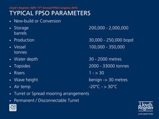 Lloyd’s Register: IQPC 11th Annual FPSO Congress 2010

TYPICAL FPSO PARAMETERS
•   New-build or Conversion
•   Storage                                             200,000 - 2,000,000
    barrels
•   Production                                          30,000 - 250,000 bopd
•   Vessel                                              100,000 - 350,000
    tonnes
•   Water depth                                         30 - 2000 metres
•   Topsides                                            2000 - 33000 tonnes
•   Risers                                              1 - > 30
•   Wave height                                         benign -> 30 metres
•   Air temp                                            -20°C - > 30°C
•   Turret or Spread mooring arrangements
•   Permanent / Disconnectable Turret
 