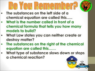 •   The substances on the left side of a
    chemical equation are called this…..
•   What is the number called in front of a
    chemical formula that tells you how many
    models to build?
•   What Law states you can neither create or
    destroy matter?
•   The substances on the right of the chemical
    equation are called this……
•   What type of substance slows down or stops
    a chemical reaction?
 