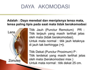 DAYA AKOMODASI
Adalah : Daya menebal dan menipisnya lensa mata,
lensa paling tipis pada saat mata tidak berakomodasi
Titik Jauh (Punctur Remotum) PR :
Titik terjauh yang masih terlihat jelas
oleh mata (tidak berakomodasi).
Untuk mata normal : titik jauh letaknya
di jauh tak berhingga (∞).
Titik Dekat (Punctur Proximum) P :
Titik terdekat yang masih terlihat jelas
oleh mata (berakomodasi max )
Untuk mata normal : titik dekat 25 cm.
 