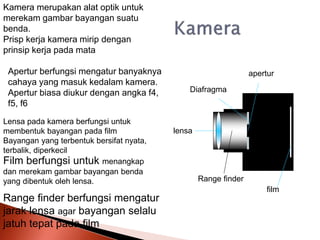 lensa
Diafragma
film
apertur
Range finder
Lensa pada kamera berfungsi untuk
membentuk bayangan pada film
Bayangan yang terbentuk bersifat nyata,
terbalik, diperkecil
Range finder berfungsi mengatur
jarak lensa agar bayangan selalu
jatuh tepat pada film
Apertur berfungsi mengatur banyaknya
cahaya yang masuk kedalam kamera.
Apertur biasa diukur dengan angka f4,
f5, f6
Film berfungsi untuk menangkap
dan merekam gambar bayangan benda
yang dibentuk oleh lensa.
Kamera merupakan alat optik untuk
merekam gambar bayangan suatu
benda.
Prisp kerja kamera mirip dengan
prinsip kerja pada mata
 