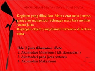 AKOMODASI MATA / DAYA SUAI MATA

Kegiatan yang dilakukan Mata ( otot mata ) mene-
gang atau mengendor Sehingga mata bisa melihat
secara jelas.
Bayangan object yang diamati terbentuk di Retina
mata.


Ada 3 Jenis Akomodasi Mata
2. Akomodasi Minimum ( tdk akomodasi )
3. Akomodasi pada jarak tertentu
4. Akomodasi Maksimum
 