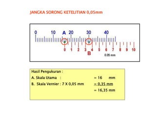 Hasil Pengukuran :
A. Skala Utama : = 16 mm
B. Skala Vernier : 7 X 0,05 mm = 0,35 mm
= 16,35 mm
JANGKA SORONG KETELITIAN 0,05mm
 