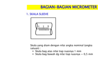 1. SKALA SLEEVE
BAGIAN-BAGIAN MICROMETER
Skala yang diam dengan nilai angka nominal (angka
satuan) :
 Skala bag atas nilai tiap ruasnya 1 mm
 Skala bag bawah dg nilai tiap ruasnya = 0,5 mm
 