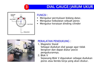 DIAL GAUGE/JARUM UKUR
3
FUNGSI :
 Mengukur permukaan bidang datar.
 Mengukur kebulatan sebuah poros
 Mengukur kerataan dinding silinder
PERALATAN PENDUKUNG :
1. Magnetic Stand
Sebagai dudukan dial gauge agar tidak
bergeser dan dapat diatur posisi
pengukurannya.
2. Blok V
Sepasang Blok V digunakan sebagai dudukan
poros atau benda kerja yang akan diukur.
 