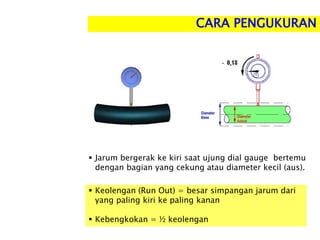 CARA PENGUKURAN
 Jarum bergerak ke kiri saat ujung dial gauge bertemu
dengan bagian yang cekung atau diameter kecil (aus).
 Keolengan (Run Out) = besar simpangan jarum dari
yang paling kiri ke paling kanan
 Kebengkokan = ½ keolengan
 