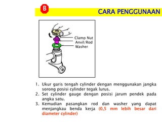 CARA PENGGUNAAN
B
1. Ukur garis tengah cylinder dengan menggunakan jangka
sorong posisi cylinder tegak lurus.
2. Set cylinder gauge dengan posisi jarum pendek pada
angka satu.
3. Kemudian pasangkan rod dan washer yang dapat
menjangkau benda kerja (0,5 mm lebih besar dari
diameter cylinder)
Clamp Nut
Anvil/Rod
Washer
 