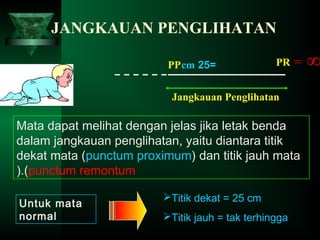 JANGKAUAN PENGLIHATAN
PP cm 25=

PR

=

Jangkauan Penglihatan

Mata dapat melihat dengan jelas jika letak benda
dalam jangkauan penglihatan, yaitu diantara titik
dekat mata (punctum proximum) dan titik jauh mata
(.(punctum remontum
Untuk mata
normal

Titik dekat = 25 cm
Titik jauh = tak terhingga

∞

 