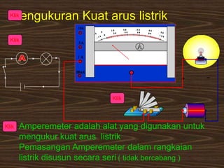 Pengukuran Kuat arus listrik

Klik

Klik

Klik

Klik

Amperemeter adalah alat yang digunakan untuk
mengukur kuat arus listrik
Pemasangan Amperemeter dalam rangkaian
listrik disusun secara seri ( tidak bercabang )

 