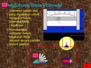 Pengukuran Beda Potensial

Klik





Voltmeter adalah alat
yang digunakan untuk
mengukur beda
potensial listrik
( tegangan )
Pemasangan
voltmeter dalam
rangkaian listrik
disusun secara parallel
seperti gambar.

Klik

 