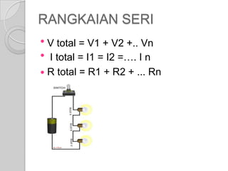 RANGKAIAN SERI


V total = V1 + V2 +.. Vn
 I total = I1 = I2 =…. I n
 R total = R1 + R2 + ... Rn

 