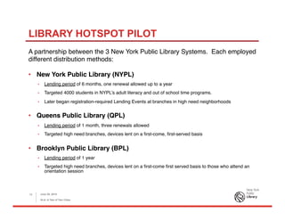 LIBRARY HOTSPOT PILOT
A partnership between the 3 New York Public Library Systems. Each employed
different distribution methods:
•  New York Public Library (NYPL)
•  Lending period of 6 months, one renewal allowed up to a year
•  Targeted 4000 students in NYPL’s adult literacy and out of school time programs.
•  Later began registration-required Lending Events at branches in high need neighborhoods
•  Queens Public Library (QPL)
•  Lending period of 1 month, three renewals allowed
•  Targeted high need branches, devices lent on a ﬁrst-come, ﬁrst-served basis
•  Brooklyn Public Library (BPL)
•  Lending period of 1 year
•  Targeted high need branches, devices lent on a ﬁrst-come ﬁrst served basis to those who attend an
orientation session
June 26, 2015
ALA: A Tale of Two Cities
13
 