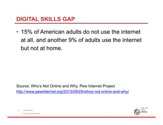 DIGITAL SKILLS GAP
•  15% of American adults do not use the internet
at all, and another 9% of adults use the internet
but not at home.
Source: Who’s Not Online and Why, Pew Internet Project
http://www.pewinternet.org/2013/09/25/whos-not-online-and-why/
June 26, 2015
ALA: A Tale of Two Cities
2
 