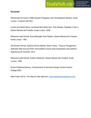 RUJUKAN
Kamaruddin Hj Hussin (1986) Kaedah Pengajaran dan Pembelajaran Bahasa. Kuala
Lumpur. Longman Sdn Bhd.
Lamah binti Abdul Ghani, Azmawati Binti Abdul Aziz. Pola Pakaian Tingkatan 4 dan 5.
Dewan Bahasa dan Pustaka. Kuala Lumpur. 2008
Mohamed Jalal Ahmad. Asas Merangka Pola Pakaian. Dewan Bahasa dan Pustaka.
Kuala Lumpur. 1987
Siti Norsiah Ahmad, Quistina Suriani Mazlan, Ilyana Yahya, “Tinjauan Penggunaan
Kalkulator Baju Kurung Pintar memudahkan proses kerja penghasilan pola pakaian”.
Kolej Komuniti Temerloh. 2013
Mohamed Jalal Ahmad. Koleksi Pakaianku. Dewan Bahasa dan Pustaka. Kuala
Lumpur. 1996
Bunka Publishing Bureau. Fundamentals of Garments Design. Bunka Fashion
Collage.2009
Mark Feder (2012). The Step by Step Approach .www.globalstudymagazines.com.
 