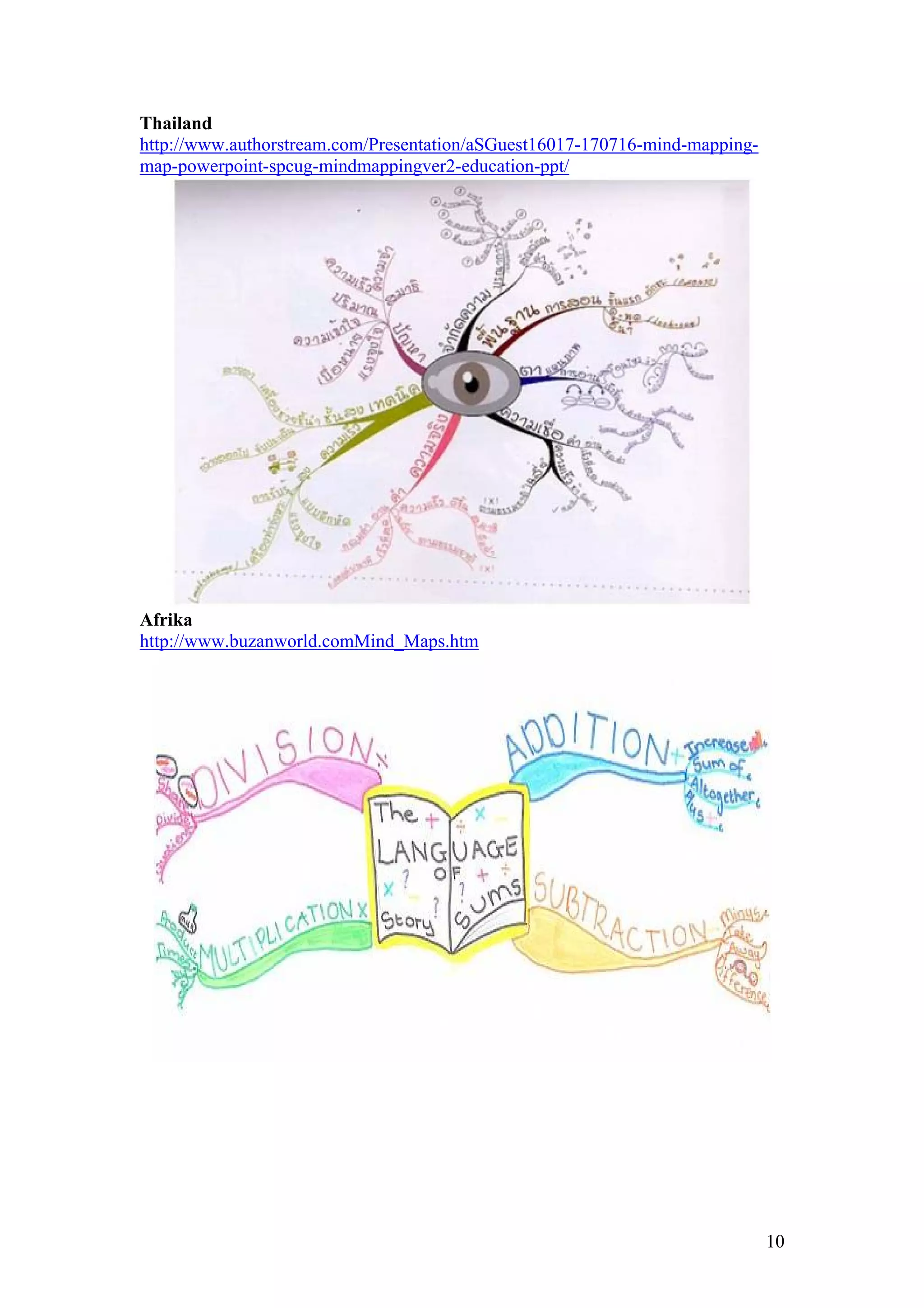 Thailand
http://www.authorstream.com/Presentation/aSGuest16017-170716-mind-mapping-
map-powerpoint-spcug-mindmappingver2-education-ppt/
Afrika
http://www.buzanworld.comMind_Maps.htm
10
 