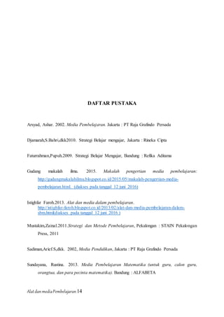 AlatdanmediaPembelajaran14
DAFTAR PUSTAKA
Arsyad, Ashar. 2002. Media Pembelajaran. Jakarta : PT Raja Grafindo Persada
Djamarah,S.Bahri,dkk2010. Strategi Belajar mengajar, Jakarta : Rineka Cipta
Faturrahman,Pupuh.2009. Strategi Belajar Mengajar, Bandung : Refika Aditama
Gudang makalah ilmu. 2015. Makalah pengertian media pembelajaran:
http://gudangmakalahilmu.blogspot.co.id/2015/05/makalah-pengertian-media-
pembelajaran.html. (diakses pada tanggal 12 juni 2016)
Istighfar Faroh.2013. Alat dan media dalam pembelajaran.
http://istighfar-faroh.blogspot.co.id/2013/02/alat-dan-media-pembelajaran-dalam-
sbm.html(diakses pada tanggal 12 juni 2016 )
Mustakim,Zainal.2011.Strategi dan Metode Pembelajaran, Pekalongan : STAIN Pekalongan
Press, 2011
Sadiman,Arief.S,dkk. 2002, Media Pendidikan, Jakarta : PT Raja Grafindo Persada
Sundayana, Rustina. 2013. Media Pembelajaran Matematika (untuk guru, calon guru,
orangtua, dan para pecinta matematika). Bandung : ALFABETA
 
