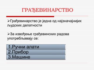 ГРАЂЕВИНАРСТВО
Грађевинарство је једна од најзначајнијих
људских делатности
За извођење грађевинских радова
употребљавају се:
1.Ручни алати
2.Прибор
3.Машине
 