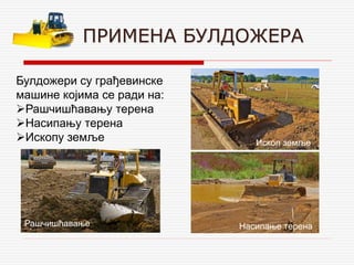 ПРИМЕНА БУЛДОЖЕРА
Рашчишћавање
Ископ земље
Насипање терена
Булдожери су грађевинске
машине којима се ради на:
Рашчишћавању терена
Насипању терена
Ископу земље
 