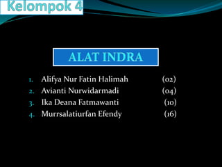 1. Alifya Nur Fatin Halimah (02) 
2. Avianti Nurwidarmadi (04) 
3. Ika Deana Fatmawanti (10) 
4. Murrsalatiurfan Efendy (16) 
 