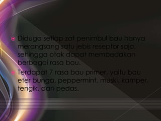  Diduga setiap zat penimbul bau hanya
merangsang satu jebis reseptor saja,
sehingga otak dapat membedakan
berbagai rasa bau.
 Terdapat 7 rasa bau primer, yaitu bau
eter bunga, peppermint, muski, kamper,
tengik, dan pedas.
 