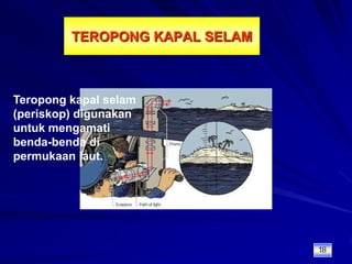 TEROPONG KAPAL SELAMTeropong kapal selam (periskop) digunakan untuk mengamati benda-benda di permukaan laut.18