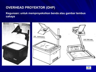 OVERHEAD PROYEKTOR (OHP)Kegunaan: untuk memproyeksikan benda atau gambar tembus cahaya19