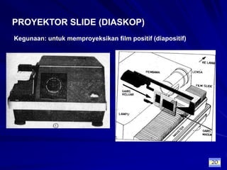 PROYEKTOR SLIDE (DIASKOP)Kegunaan: untuk memproyeksikan film positif (diapositif)20