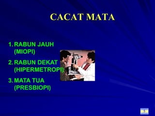 CACAT MATARABUN JAUH (MIOPI)RABUN DEKAT (HIPERMETROPI)MATA TUA (PRESBIOPI)5