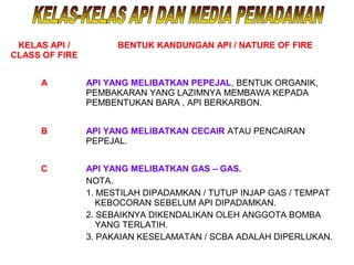 KELAS API /
CLASS OF FIRE
BENTUK KANDUNGAN API / NATURE OF FIRE
A API YANG MELIBATKAN PEPEJAL, BENTUK ORGANIK,
PEMBAKARAN YANG LAZIMNYA MEMBAWA KEPADA
PEMBENTUKAN BARA , API BERKARBON.
B API YANG MELIBATKAN CECAIR ATAU PENCAIRAN
PEPEJAL.
C API YANG MELIBATKAN GAS – GAS.
NOTA.
1. MESTILAH DIPADAMKAN / TUTUP INJAP GAS / TEMPAT
KEBOCORAN SEBELUM API DIPADAMKAN.
2. SEBAIKNYA DIKENDALIKAN OLEH ANGGOTA BOMBA
YANG TERLATIH.
3. PAKAIAN KESELAMATAN / SCBA ADALAH DIPERLUKAN.
 