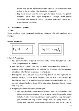 Pemain yang menang adalah pemain yang memiliki kartu habis atau paling
               sedikit, ketika permainan tidak dapat dilanjutkan lagi.
            o Bagi habis seluruh kartu ke semua pemain secara merata. Bila pemain
               mendapat giliran tidak dapat menjalankan kartunya, maka pemain
               berikutnya yang mendapat giliran. Pemenang ditentukan dengan cara
               seperti pada cara pertama.


10.    Model Kartu Logaritma
Tujuan
Untuk membantu siswa menguasai pemahaman mengenai nilai-nilai logaritma suatu
bilangan.


Gambar Alat Peraga




         log 10            -3                    log 0,01 3log 1
                                                              27

Petunjuk Penggunaan
   •   Pola permainan kartu ini seperti permainan kartu domino. Yang berbeda adalah
       ”nilai” yang sama dimuat tiap kartu.
   •   Bila pada kartu domino, nilai tiap sisi kartu ditentukan oleh banyaknya dot
       (bulatan kecil), maka pada kartu ini, nilai tiap sisi ditentukan nilai bilangan yang
       dinyatakan dalam bentuk persen atau pecahan biasa.
   •   Sisi logaritma suatu bilangan harus disambung dengan sisi nilai logaritma dari
       bilangan tersebut. Contoh pada peragaan kartu di atas. Kartu sebelah kiri
       memiliki sisi kanan -3 yang digabung dengan kartu sebelah kanan yang sisi kirinya
       memuat bilangan log 0,01. Kedua sisi tersebut dapat disambung karena memuat
       nilai yang sama.
   •   Mengenai pola permainan dapat pula beragam
            o Bagi kepada masing-masing pemain sejumlah kecil kartu (misalnya 4 buah
               kartu). Pemain yang mendapat giliran pertama, menaruh/membuka sebuah
               kartu lebih dulu. Pemain selanjutnya mencari pada kartu yang dipegangnya
               yang memiliki sisi yang “senilai” dengan sisi kartu yang terbuka. Bila
               pemain yang mendapat giliran tidak memiliki kartu yang sesuai, maka ia
                                                                                        14
 