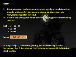 f) Slak
i. Slak merupakan perbezaan antara masa yg ada utk melaksanakan
sesuatu kegiatan dgn jangka masa sbenar yg diperlukan utk
menyiapkan kegiatan tersebut
ii. Slak utk setiap kegiatan boleh dihitung dgn mggunakan formula yg
berikut :
Slak = LF – ES – D
= LS – ES
= LF – EF
Maka
iii. Kegiatan ( i , j ) dikatakan genting jika nilai slak kegiatan ini
bersamaan dgn 0. Kegiatan yg tidak memenuhi syarat-ii ini dikatakan
tidak genting .
Slak = LF – EF
 