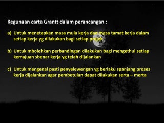 Kegunaan carta Grantt dalam perancangan :
a) Untuk menetapkan masa mula kerja dan masa tamat kerja dalam
setiap kerja yg dilakukan bagi setiap projek
b) Untuk mbolehkan perbandingan dilakukan bagi mengethui setiap
kemajuan sbenar kerja yg telah dijalankan
c) Untuk mengenal pasti penyelewengan yg berlaku spanjang proses
kerja dijalankan agar pembetulan dapat dilakukan serta – merta
 