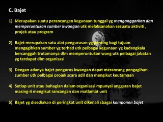 C. Bajet
1) Merupakan suatu perancangan kegunaan tunggal yg menganggarkan dan
memperuntukan sumber kwangan utk melaksanakan sesuatu aktiviti ,
projek atau program
2) Bajet merupakan satu alat pengurusan yg penting bagi tujuan
mengagihkan sumber yg terhad utk pelbagai kegunaan yg kadangkala
bercanggah trutamanya dlm memperuntukan wang utk pelbagai jabatan
yg terdapat dlm organisasi
3) Dengan adanya bajet pengurus kwangan dapat merancang pengagihan
sumber utk pelbagai projek scara adil dan mengikut keutamaan
4) Setiap unit atau bahagian dalam organisasi mpunyai anggaran bajet
masing-ii mengikut rancangan dan matlamat unit
5) Bajet yg disediakan di peringkat unit dikenali sbagai komponen bajet
 