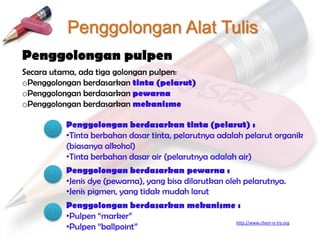 Penggolongan Alat Tulis
Penggolongan pulpen
Secara utama, ada tiga golongan pulpen:
oPenggolongan berdasarkan tinta (pelarut)
oPenggolongan berdasarkan pewarna
oPenggolongan berdasarkan mekanisme

          Penggolongan berdasarkan tinta (pelarut) :
          •Tinta berbahan dasar tinta, pelarutnya adalah pelarut organik
          (biasanya alkohol)
          •Tinta berbahan dasar air (pelarutnya adalah air)
          Penggolongan berdasarkan pewarna :
          •Jenis dye (pewarna), yang bisa dilarutkan oleh pelarutnya.
          •Jenis pigmen, yang tidak mudah larut
          Penggolongan berdasarkan mekanisme :
          •Pulpen “marker”
                                            http://www.chem-is-try.org
          •Pulpen “ballpoint”
 
