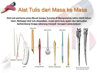 Alat Tulis dari Masa ke Masa
Alat tulis pertama yang dibuat bangsa Sumeria di Mesopotamia sekira 5000 tahun
    silam. Berbagai alat tulis diciptakan, mulai pena bulu ayam dan kemudian
            berkembang hingga sekarang menjadi beragam pena bolpoin
 