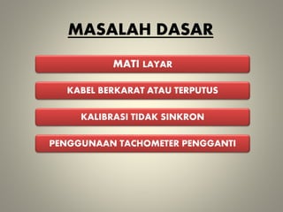 MASALAH DASAR
MATI LAYAR
KABEL BERKARAT ATAU TERPUTUS
KALIBRASI TIDAK SINKRON
PENGGUNAAN TACHOMETER PENGGANTI
 