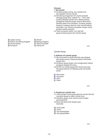 -19-
(2/5)
(3/5)
Petunjuk
1. Set cylinder
(1) Gunakan jangka sorong, ukur cylinder bore
dan dapatkan dimensi standar.
(2) Set batang penggantian dan washer penyetel
sehingga gauge akan menjadi 0.5 ~ 1.0mm lebih
panjang daripada cylinder bore. (Batang-batang
penggantian ditandai dengan dimensi-dimensinya
(tersedia dalam 5mm kenaikan). Gunakan panjang-
panjang ini sebagai referensi untuk memilih batang
yang tepat. Lalu, lakukan penyetelan dengan meng-
gunakan washer penyetel.
(3) Tekan kumparan sekitar 1mm saat dial
gauge terpasang pada bodi cylinder gauge.
Cylinder Gauge
2. Kalibrasi nol cylinder gauge
(1) Set micrometer ke dimensi standar yang didapat
oleh jangka sorong. Pasang kumparan mikrometer
dengan klem.
(2) Gerakkan gauge dengan cara menggunakan batang
pengganti sebagai titik tumpu.
(3) Set titik nol cylinder gauge (titik dimana penunjuk
dial gauge berputar ke belakang pada sisi pendek
probe)
Micrometer
Kumparan
Klem
Stand
Jangka sorong Silinder
Sekrup set batang pengganti Batang pengganti
Ukuran batang Washer penyetel
Kumparan Sekrup set
3. Pengukuran cylinder bore
(1) Tekan dengan lembut guide plate dan secara hati-hati
masukkan gauge ke dalam cylinder bore.
(2) Gerakkan gauge untuk mencari posisi dengan
jarak terpendek.
(3) Baca dial pada posisi dengan jarak
terpendek.
Guide plate
Probe
Sisi perpanjangan
Sisi perpendekkan
(4/5)
 