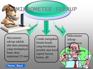 Micrometer
sekrup adalah
alat ukur panjang
yang mempunyai
batas ukur
maksimal 25 mm
Untuk mengukur
benda-benda
yang berukuran
pendek atau kecil
seperti kawat,
kertas, dll
Mikrometer
sekrup
mempunyai
tingkat
ketelitian yang
tinggi yaitu
0,01 mm
MIKROMETER SEKRUP
F
u
n
g
s
i
 