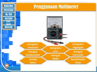 BERANDA
SK/KD
MATERI
LAT.
SOAL
PENYUSUN
KELUAR
Penggunaan Multimeter
mengukur
resistansi
menguji
kondensator
mengukur
arus
mengukur
tegangan
menguji
transistormenguji
diodacontoh
kasus
keselamatan
kerja
 