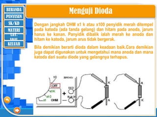 BERANDA
SK/KD
MATERI
LAT.
SOAL
PENYUSUN
KELUAR
Dengan jangkah OHM x1 k atau x100 penyidik merah ditempel
pada katoda (ada tanda gelang) dan hitam pada anoda, jarum
harus ke kanan. Panyidik dibalik ialah merah ke anoda dan
hitam ke katoda, jarum arus tidak bergerak.
Bila demikian berarti dioda dalam keadaan baik.Cara demikian
juga dapat digunakan untuk mengetahui mana anoda dan mana
katoda dari suatu diode yang gelangnya terhapus.
‘
Menguji Dioda
 
