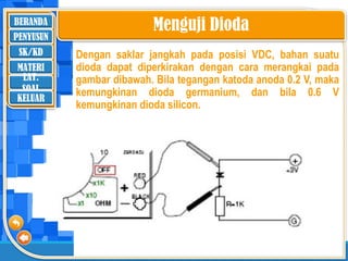 BERANDA
SK/KD
MATERI
LAT.
SOAL
PENYUSUN
KELUAR
Menguji Dioda
Dengan saklar jangkah pada posisi VDC, bahan suatu
dioda dapat diperkirakan dengan cara merangkai pada
gambar dibawah. Bila tegangan katoda anoda 0.2 V, maka
kemungkinan dioda germanium, dan bila 0.6 V
kemungkinan dioda silicon.
 