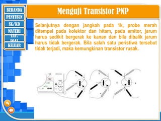 BERANDA
SK/KD
MATERI
LAT.
SOAL
PENYUSUN
KELUAR
Menguji Transistor PNP
Selanjutnya dengan jangkah pada 1k, probe merah
ditempel pada kolektor dan hitam, pada emitor, jarum
harus sedikit bergerak ke kanan dan bila dibalik jarum
harus tidak bergerak. Bila salah satu peristiwa tersebut
tidak terjadi, maka kemungkinan transistor rusak.
 