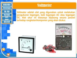 BERANDA
SK/KD
MATERI
LAT.
SOAL
PENYUSUN
KELUAR
Voltmeter adalah alat yang digunakan untuk melakukan
pengukuran tegangan, baik tegangan AC atau tegangan
DC. Alat ukur ini biasanya dipasang secara pararel
terhadap rangkaian/komponen yang akan diukur.
Voltmeter
 