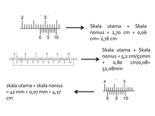 Skala utama + Skala
nonius = 2,70 cm + 0,06
cm= 2,76 cm
skala utama + skala nonius
= 41 mm + 0,07 mm = 4,17
cm
Skala utama + Skala
nonius = 5,2 cm/52mm
+ 0,80 cm/0,08=
52,08mm
 